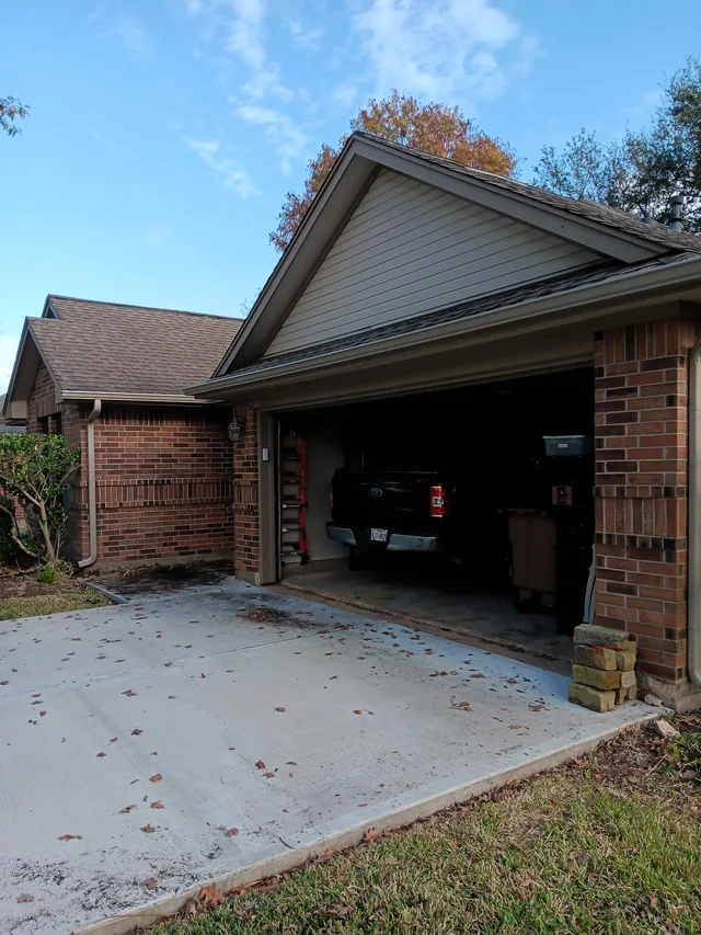 Gutter line above a residential garage entrance