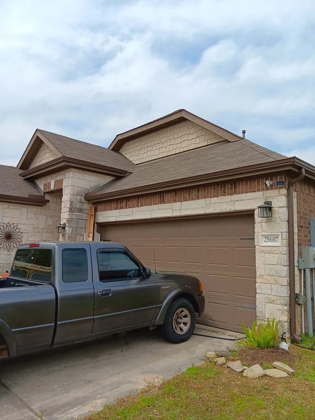 Gutter line above a residential garage entrance